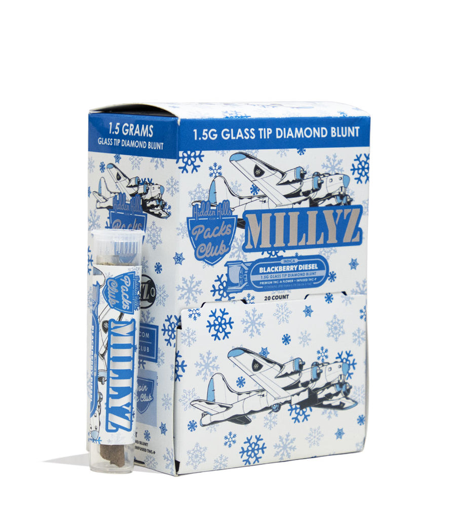 Blackberry Diesel Hidden Hills Millyz 1.5g THC-A and Infused THC-P Glass Tip Pre Rolls 20pk Front View on White Background