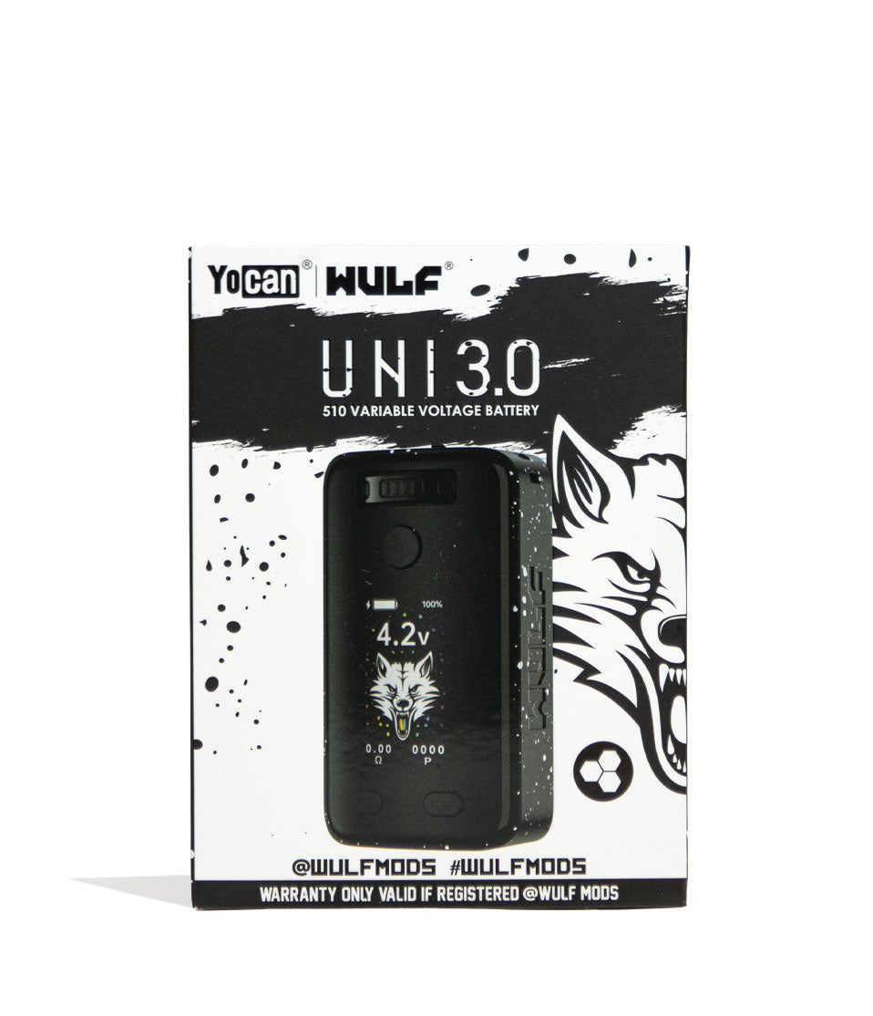 Black White Spatter Wulf Mods UNI 3.0 Universal Variable Voltage Battery Packaging Front View on White Background