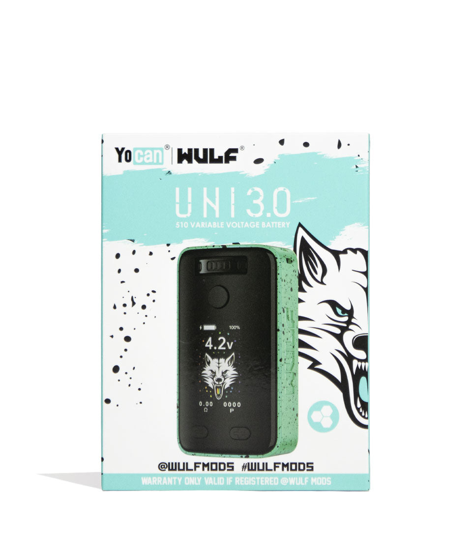 Teal Black Spatter Wulf Mods UNI 3.0 Universal Variable Voltage Battery Packaging Front View on White Background