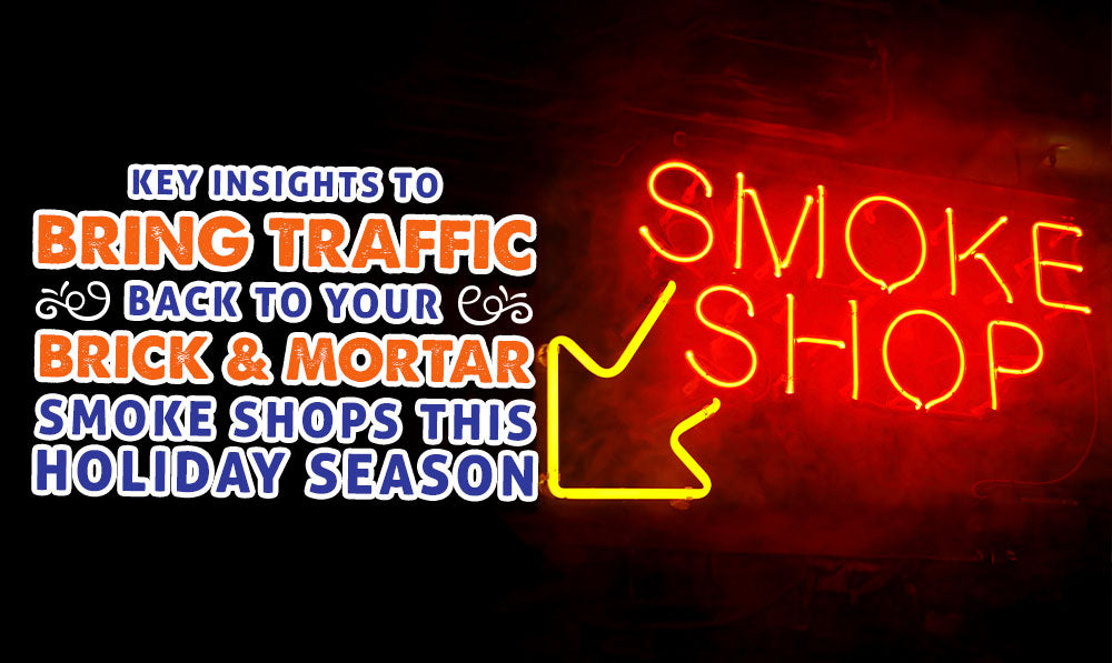 Smoke shop neon sign with a dark background and promotional text on the left side 