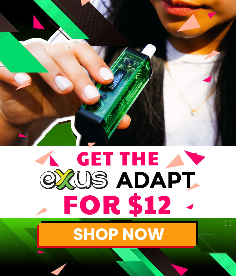 Person holding a green Exxus Adapt with promotional text for 'Exxus Adapt' on a colorful background