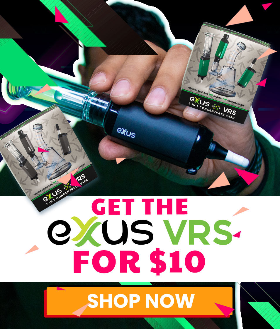Hand holding an Exus VRS vape device with colorful text and graphics promoting the product.