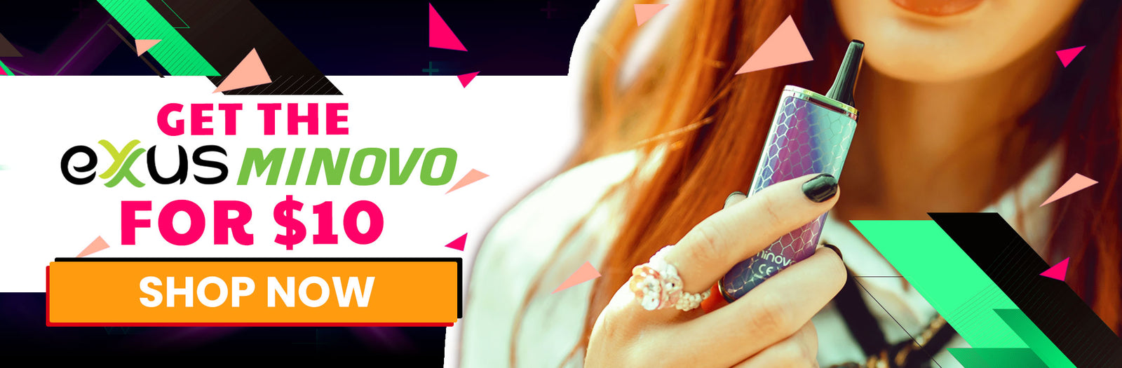 Promotional banner for Exus Minovo vape with a hand holding the device against a colorful background.