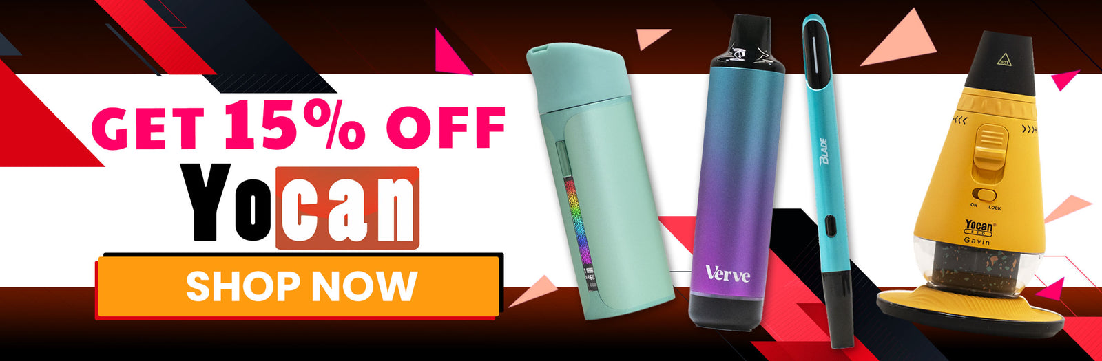 various Yocan products with promotional text overlay on a colorful background