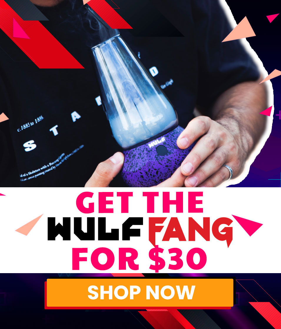 Promotional graphic for a product called 'Wulf Fang' with a price tag and 'Shop Now' button.