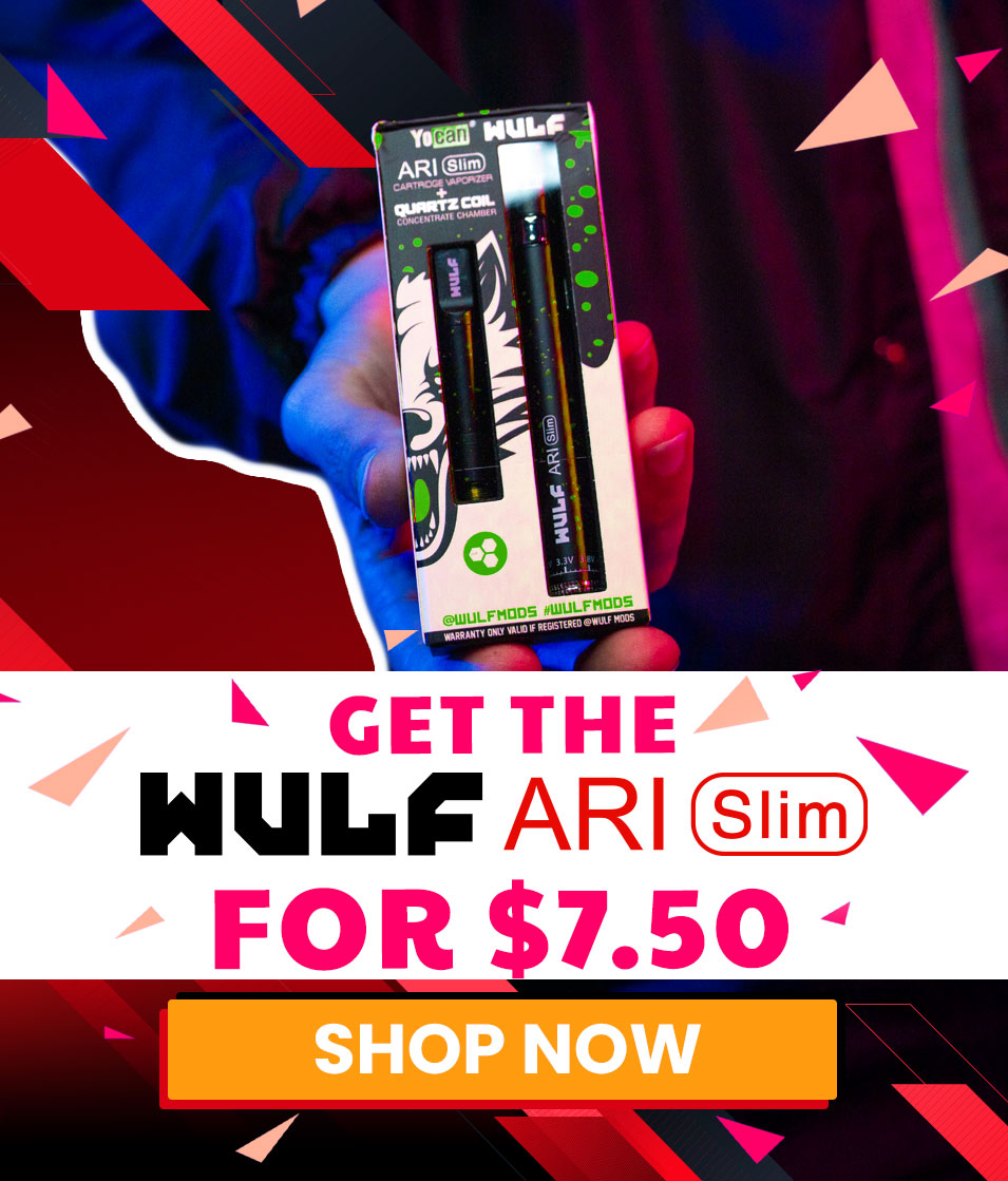 man holding a Black and Green spatter Wulf Ari Slim Kit with promotional text overlay on a colorful background