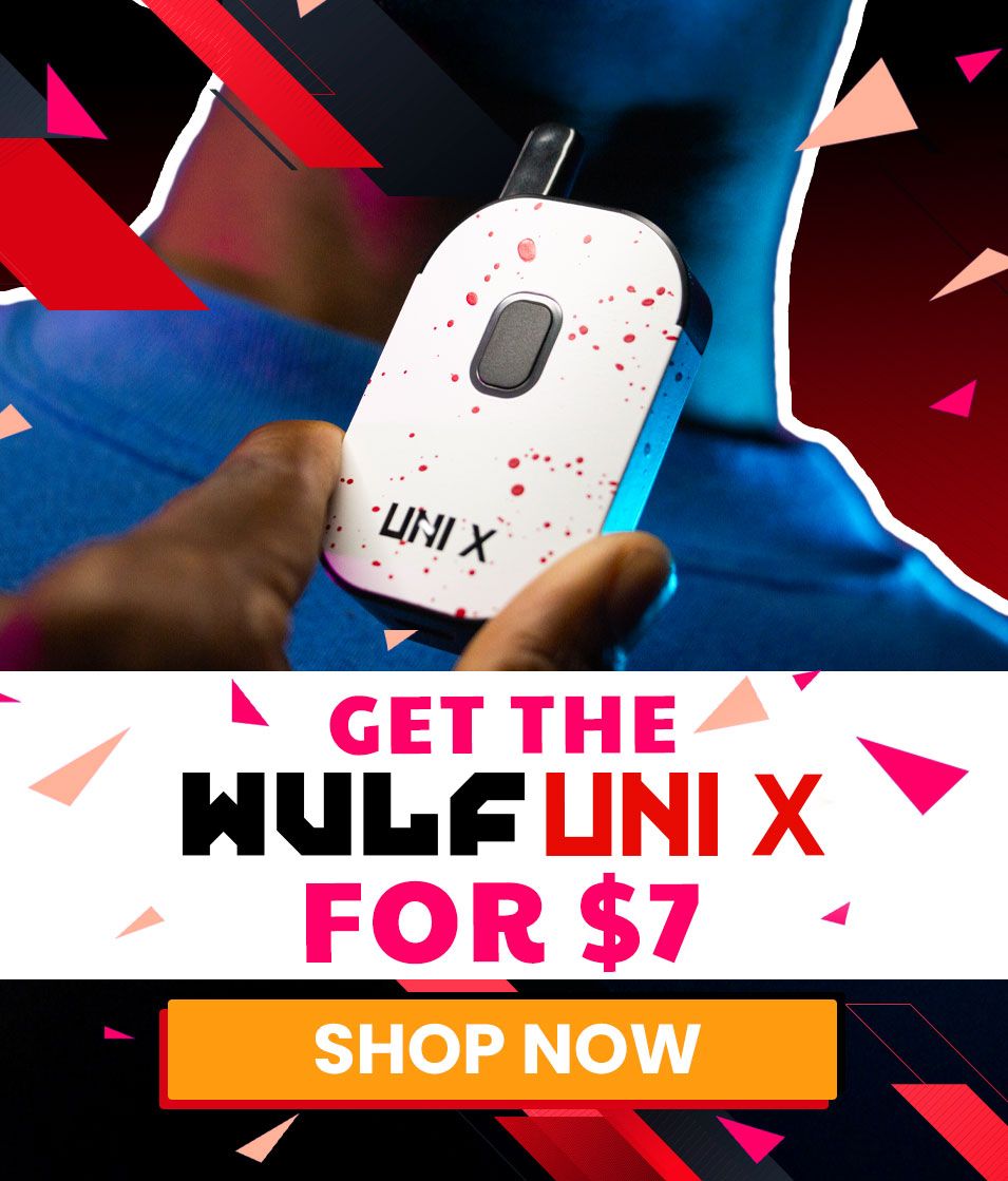 man holding a white and red spatter Wulf UNI X with promotional text overlay on a colorful background