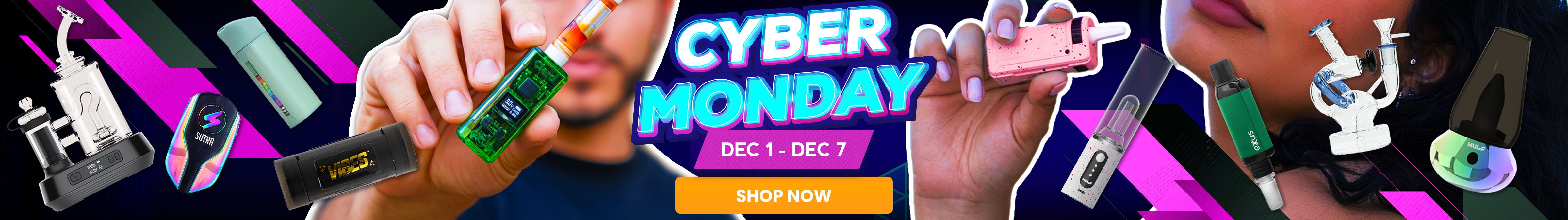 Wholesale Cyber Monday 2025 banner with top sale products and promotional text on a colorful background