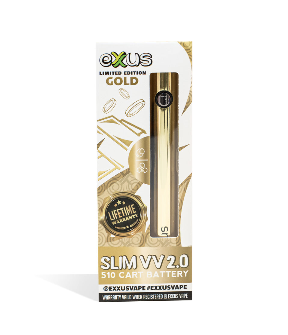 Gold Exxus Vape Slim VV 2.0 Cartridge Vaporizer single pack on white background