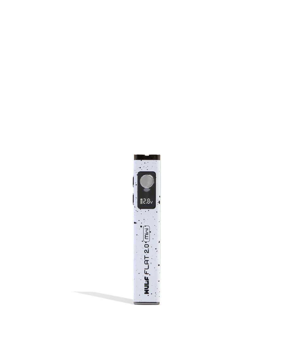 White Black Spatter Wulf Mods Flat Mini 2.0 Variable Voltage Battery 9pk Front View on White Background