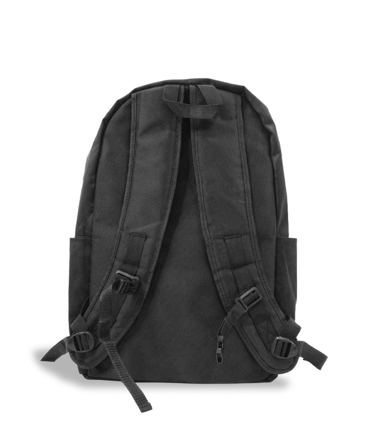 black popular logo here backpack on white studio background facing back