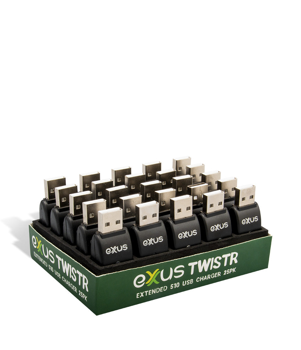 Side view Exxus Vape Twistr 510 USB Charger 25pk on white studio background